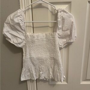 White Puff Sleeve Smocked Peplum Blouse